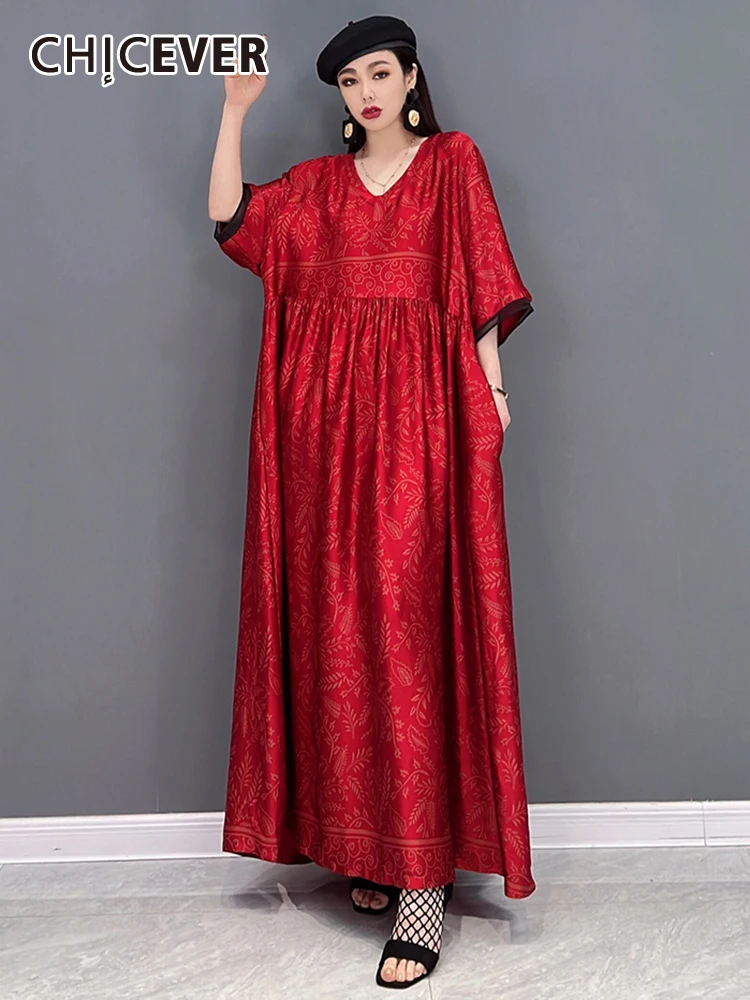 

CHICEVER Temperament Printing Dress For Women V Neck Short Sleeve High Waist Oversize Folds Midi Dresses Female Summer Clothes