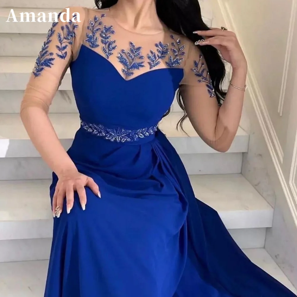 

Amanda Elegant Sapphire Blue فساتين مناسبة رسمية Nude 3/4 Tulle Sleeve Evening Dress Sexy A-line Prom Dress Satin Robe De Soirée