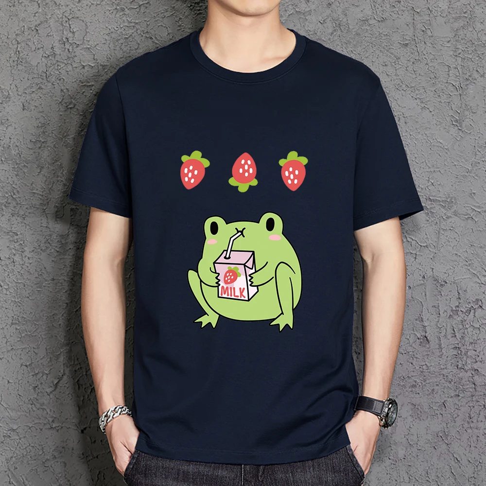

Green Frog Who Loves Drinking Strawberry-Flavored Milk T-Shirt Mens Soft Daily Tshirt Brand Chic Tops Cotton Loose Clothes Male