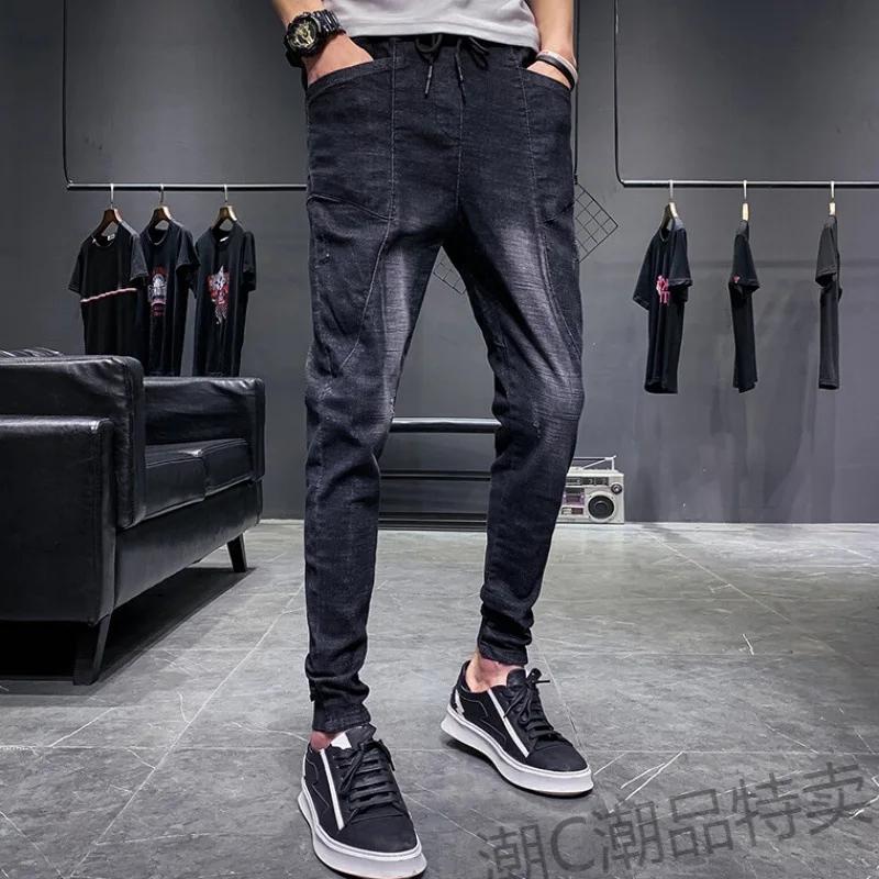 

Fashion 2022 Fashion Hong Kong Style Autumn Jeans Men's Elastic Waist Beam Feet Simple Harem Pants Ankle Length Pants Overalls
