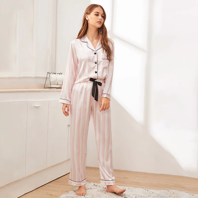 Pajamas Sets Printing Striped Cover Long-sleeve Women's Turndown Collar Ice Silk Satin Home Clothing