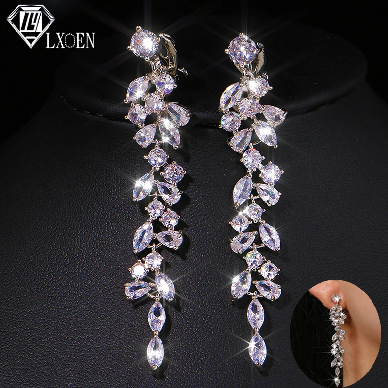 LXOEN Fashion Leaf No Hole Ear Clip on Earrings Long Water Drop Cubic Zirconia Elegant Women Wedding Jewelry Without Piercing