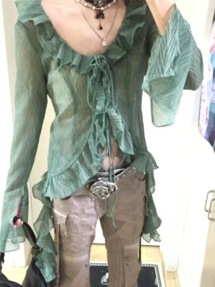 Элегантный винтажный зеленый кардиган с оборками на шнуровке Новые облегающие