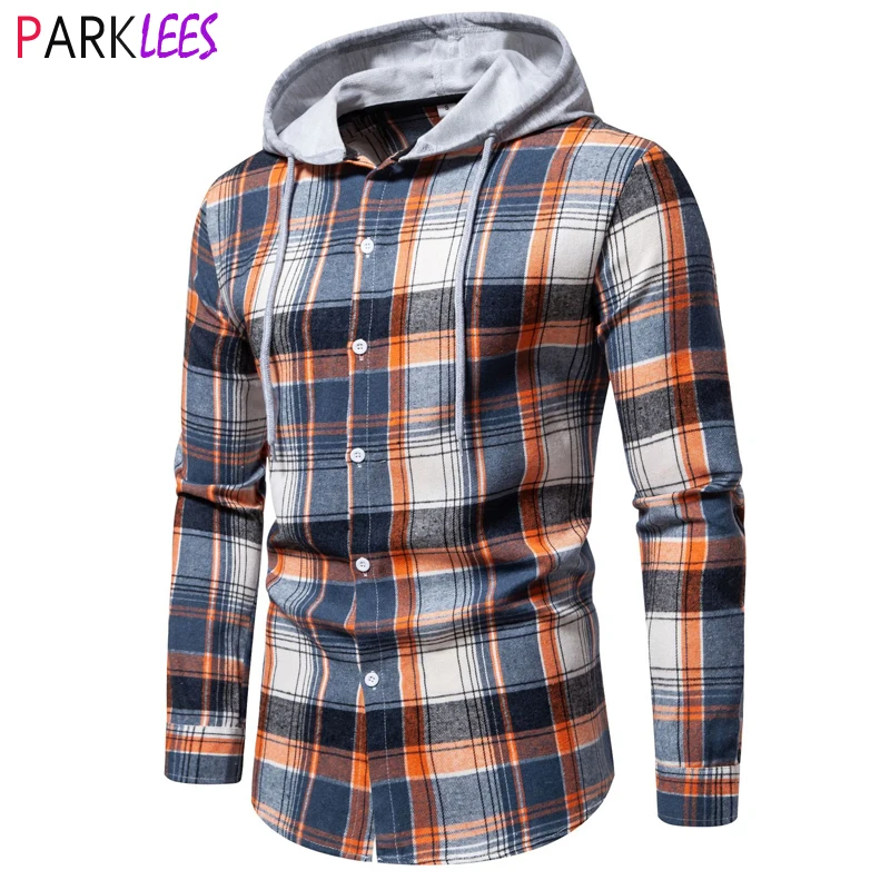 

Classic Mens Flannel Hoodie Plaid Shirt Jacket Casual Button Down Long Sleeve Hooded Checked Lightweight Shirt Men Chemise Homme