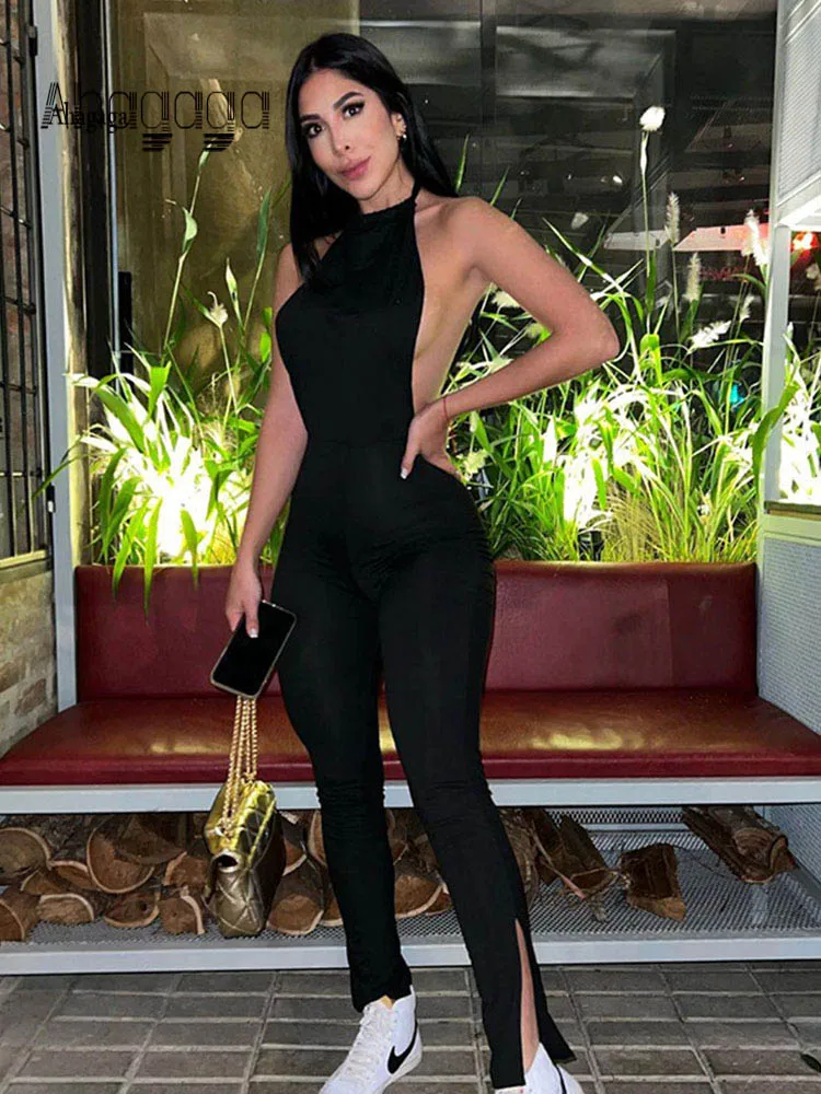 

AHAgaga Sexy Backless Rompers Women Jumpsuit Halter Bandage Street Fashion Skinny Jumpsuits Women Casual Female Overalls Summer
