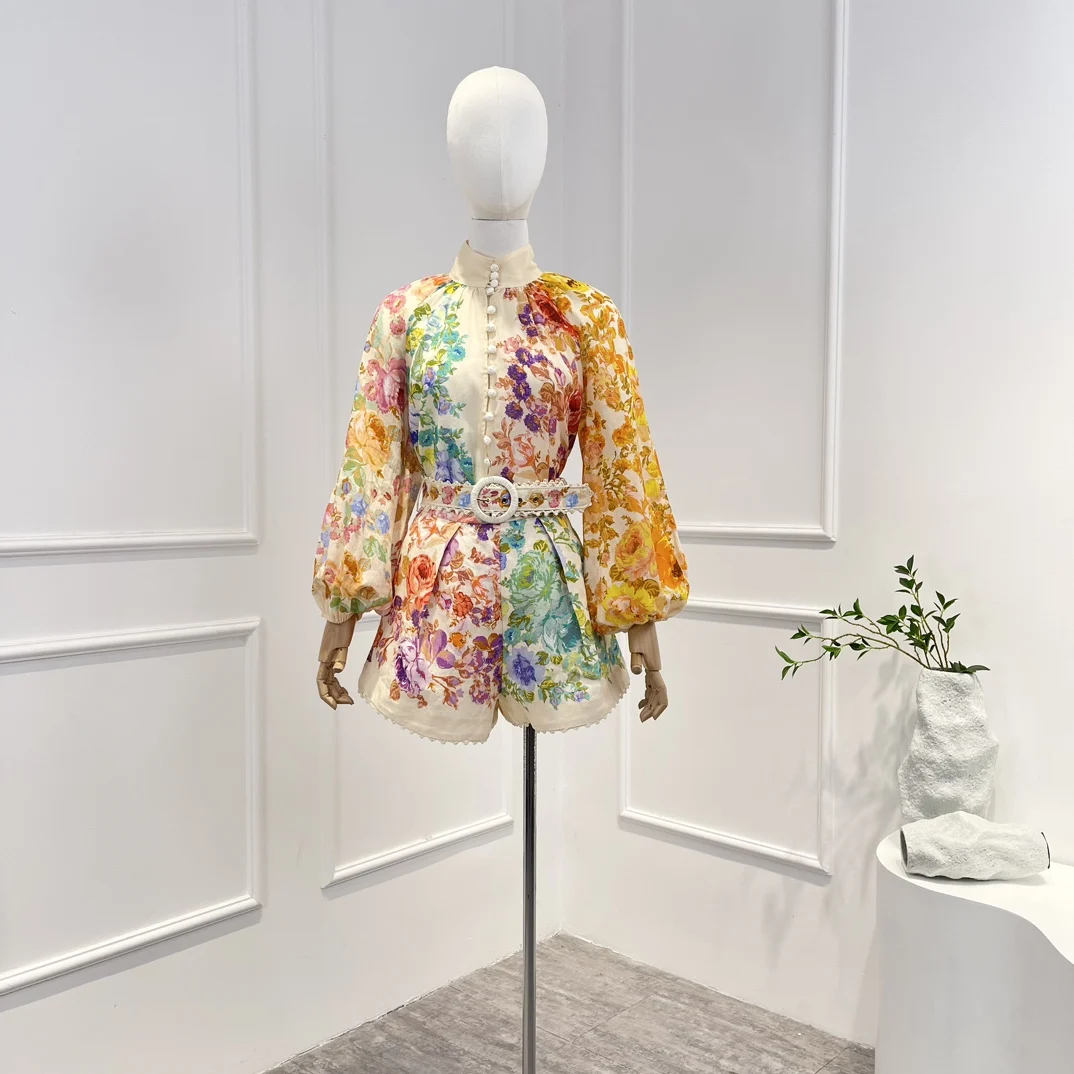 

New Spring Summer Top Quality 2023 Floral Printing Vintage Stand Collar Button Long Sleeve Blouse and Belt Shorts Woman Set