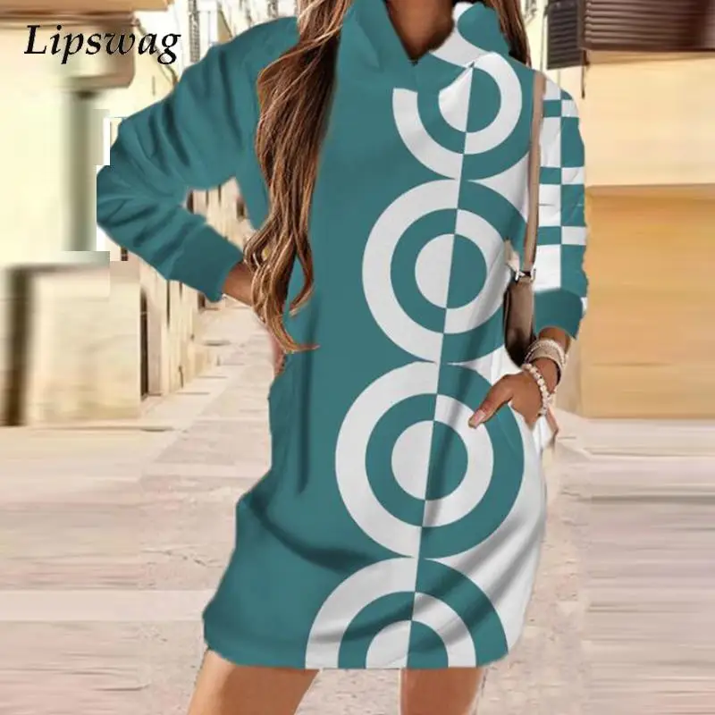 

Autumn Winter Vintage Pattern Print Hooded Dress Women Fashion Long Sleeve Hoodie Dress Lady New Casual Loose Party Dress Pocket