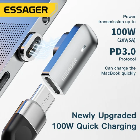 Магнитный адаптер Essager PD 100 Вт USB C OTG для быстрой зарядки, магнитный разъем типа C, 20 Гбит/с, синхронизация данных 4K при 60 Гц для ноутбука Macbook
