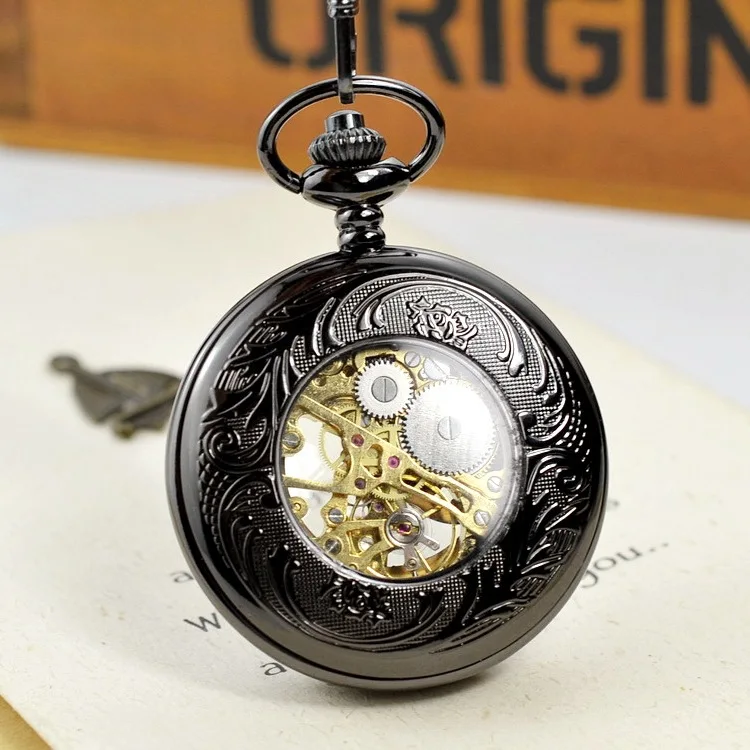 Luxury Mechanical Black Gold Pocket Watch for Men Women Skeleton Dial Roman Numeral Dial Fob Chain Pendant Clock for Collection