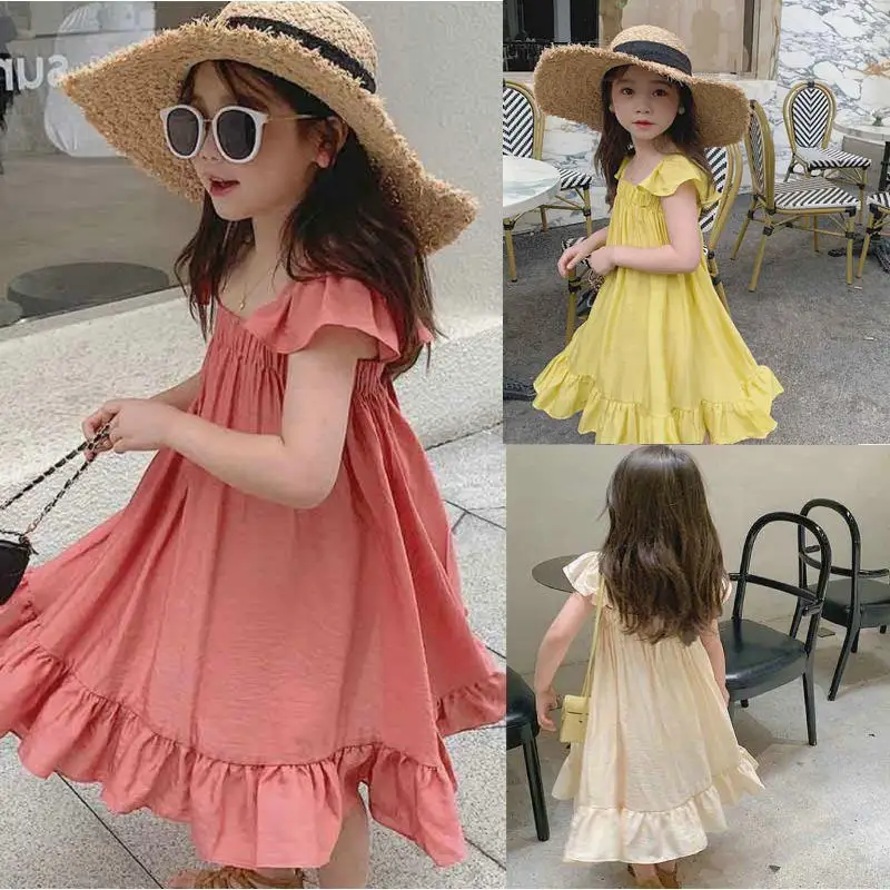 

Girls Dress Square Collar Flying Sleeve Dress Princess Dress 2022 Summer New Western Style Children's Clothing