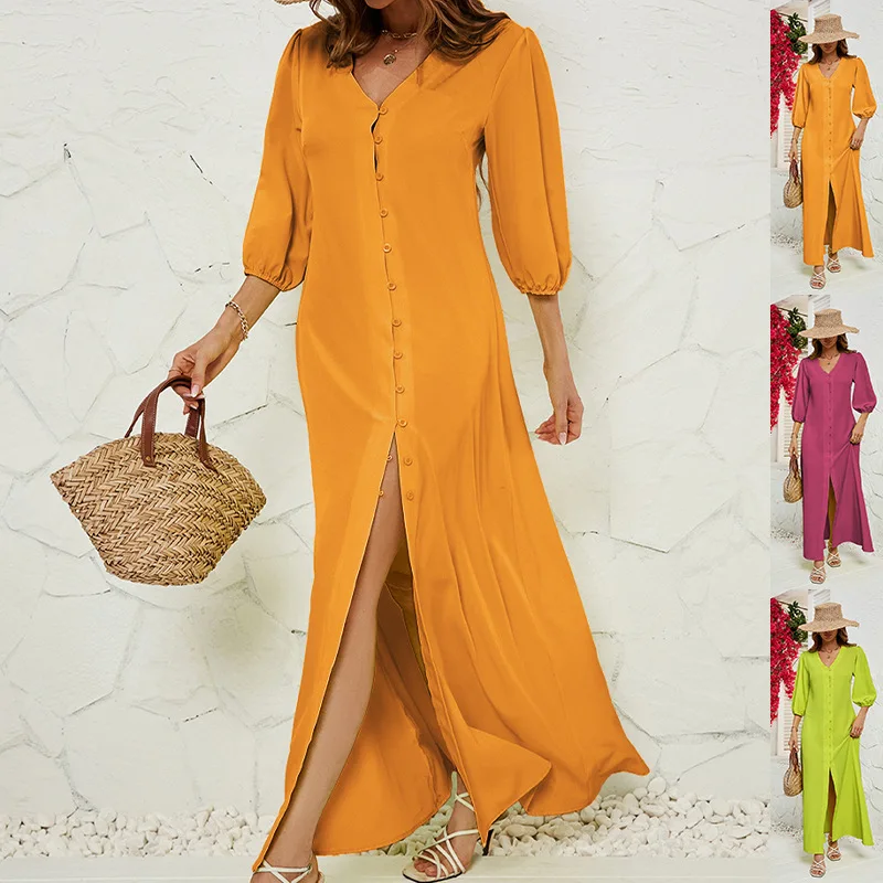 

New In Dresses for Women 2023 Summer Solid V-neck Single Breasted Dress Long Dresses Women Clothing Streetwear