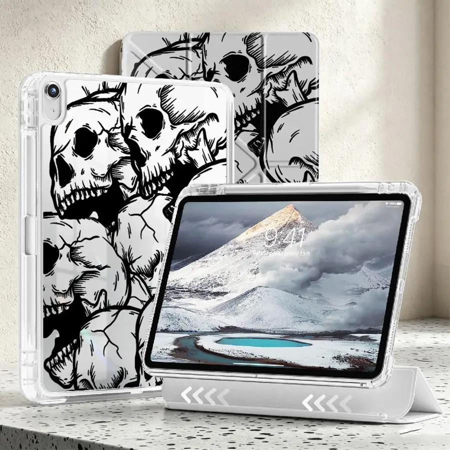 Фото Чехол для планшета с отсеком для стилуса для iPad 9-го, 11-го поколений, Mini 7, 6, 5, Pro 13, 2025, 2026, Air 8, M2, M3, 3, 10-го, 12-го поколений, Creative Skull №2