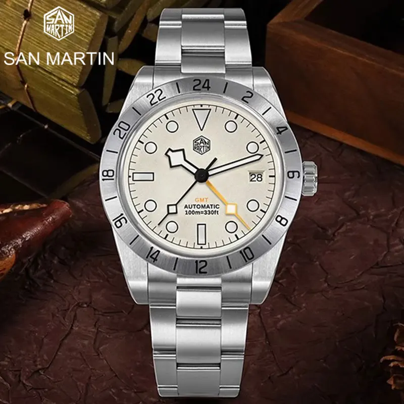 

Часы San Martin BB GMT Мужские механические, роскошные деловые наручные автоматические с сапфировым стеклом, с датой и окошком, NH34