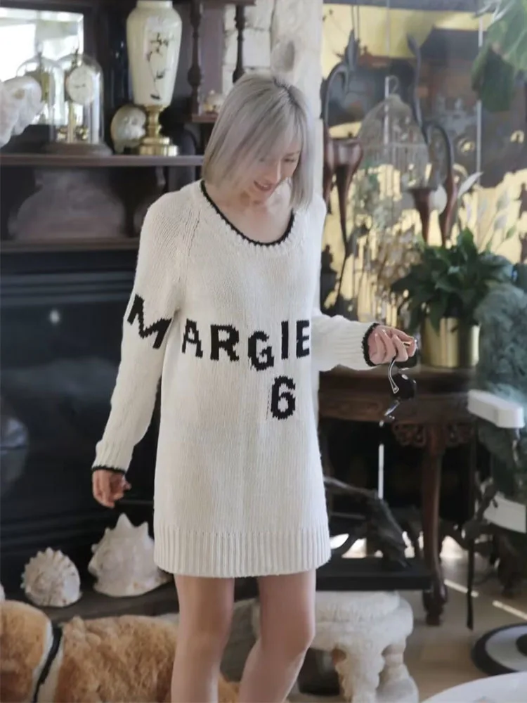 

MM6 Sweater Knitted Homewear Letter Printed Round Neck White Japanese Extra Large Pullover Sweater