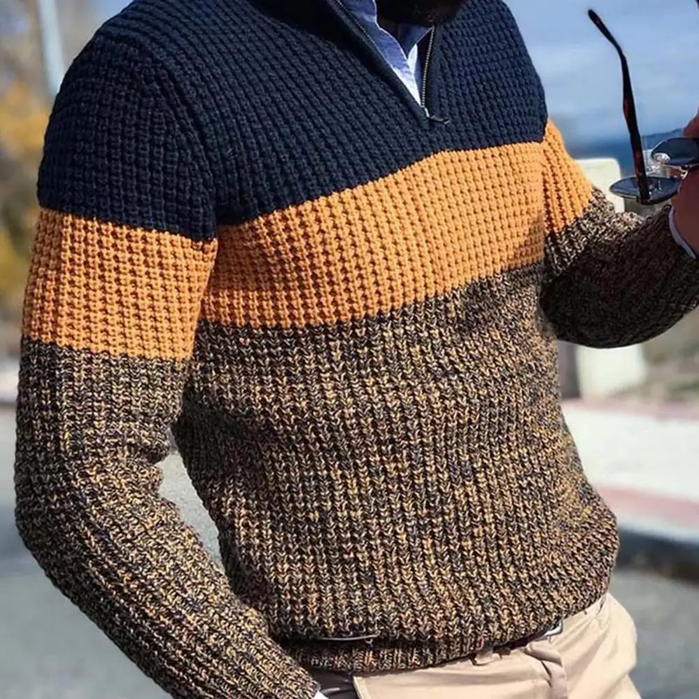 

2022 Men Autumn Winter Pullover Jumper Half Zipper Long Sleeve V Neck Color Block Knitted Sweater Male Slim Sweaters for Spring