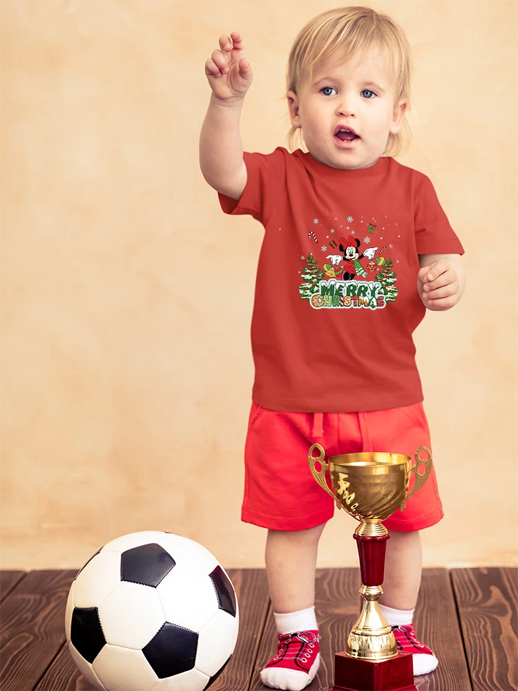 

Kawaii Одежда для девочек, Детская футболка Disney Merry Christmas, повседневная эстетическая красная футболка с короткими рукавами в канун Рождества, детская футболка