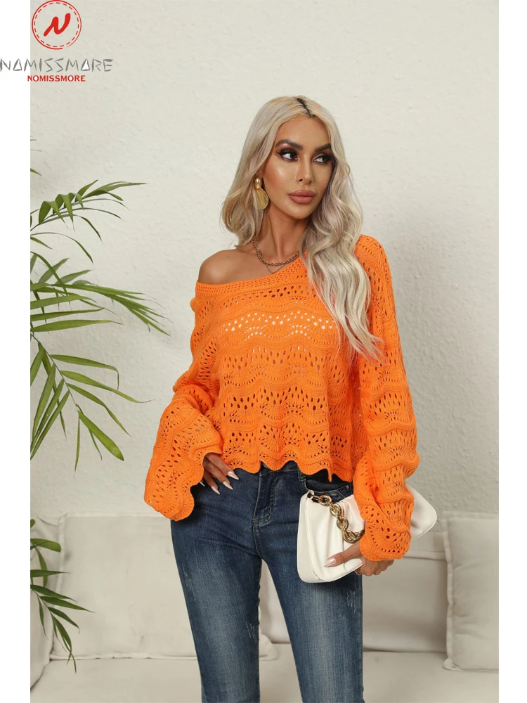 

Модные Женские однотонные свитера с вырезами, дизайнерские прозрачные пуловеры с круглым вырезом и расклешенными длинными рукавами, повседневные свободные пуловеры, Топ