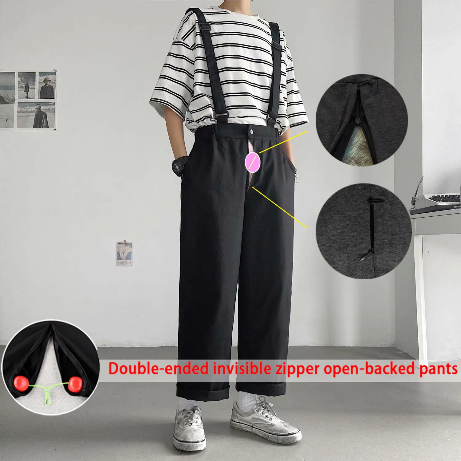 

Модные штаны в стиле хип-хоп, мужские свободные нагрудники для мужчин и женщин, трендовые подтяжки с невидимой промежностью, прямые брюки, о...