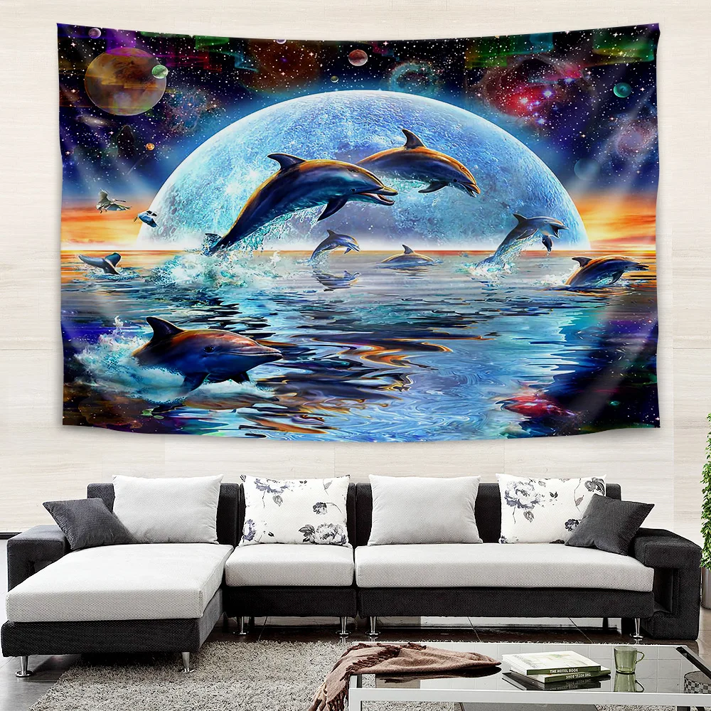 

Подводный мир луна, морская рыба, дельфин, гобелен, настенный кавайный детский бохо, хиппи, эстетическая комната, искусство, морские животные, домашний декор