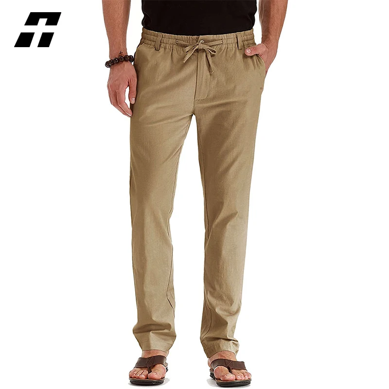 

New Casual Pants Men Business Straight Breathable Cotton Linen Trousers Male Slim Fit Elastic Waist Khaki Men's Pants EUR Size