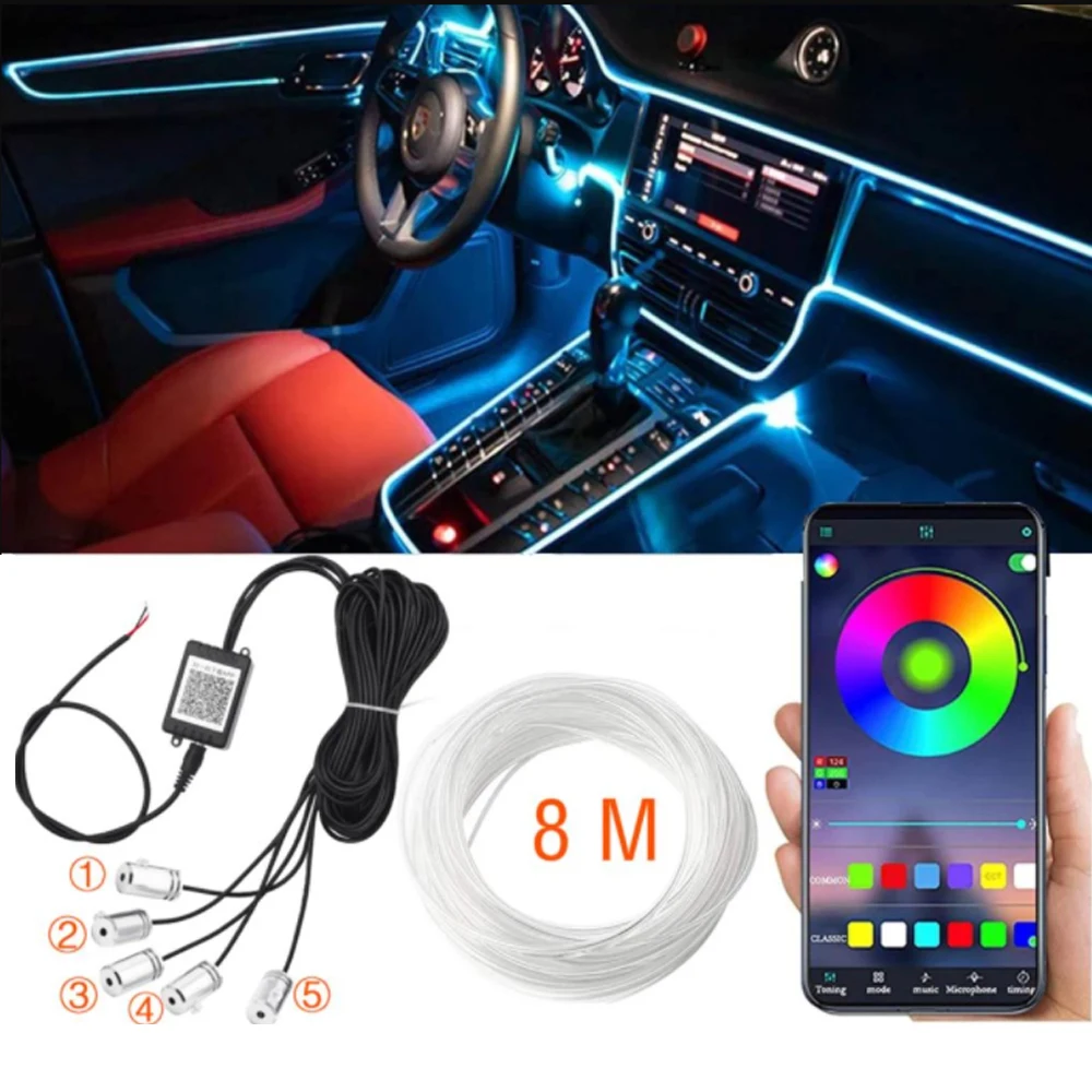 

6 in 1 RGB LED Atmosphere Car Light Interior Ambient Light Fiber Optic Strips Light by App Control DIY Music 8M Fiber Optic Band