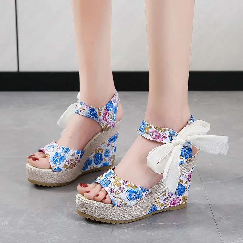 

2022 Summer Casual Women Sandals Retro Rome Wedge Platform High Heels Shoes Fashion Lace Up Bow Sandals Lady Thick Bottom Pumps