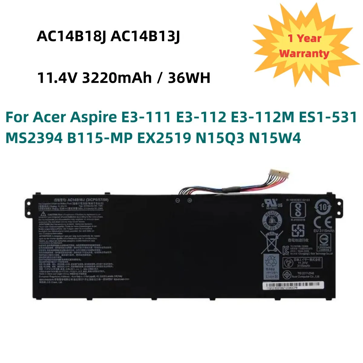 

AC14B18J AC14B13J Laptop Battery for Acer Aspire E3-111 E3-112 E3-112M ES1-531 MS2394 B115-MP EX2519 N15Q3 N15W4 11.4V 36WH