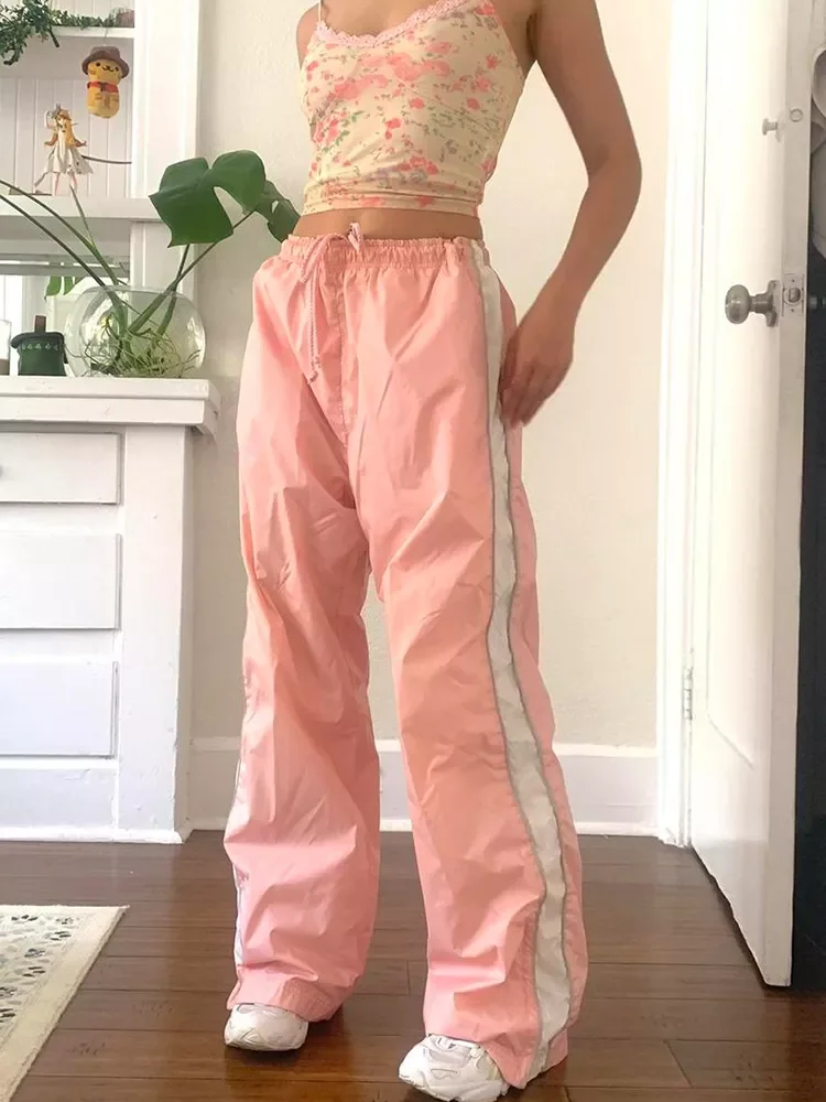

Side Stripe Cargo Pants y2k Patchwork Pink Zipper Sweatpants Baggy Women Pink Cute Sporty Joggers Streetwear Fashion
