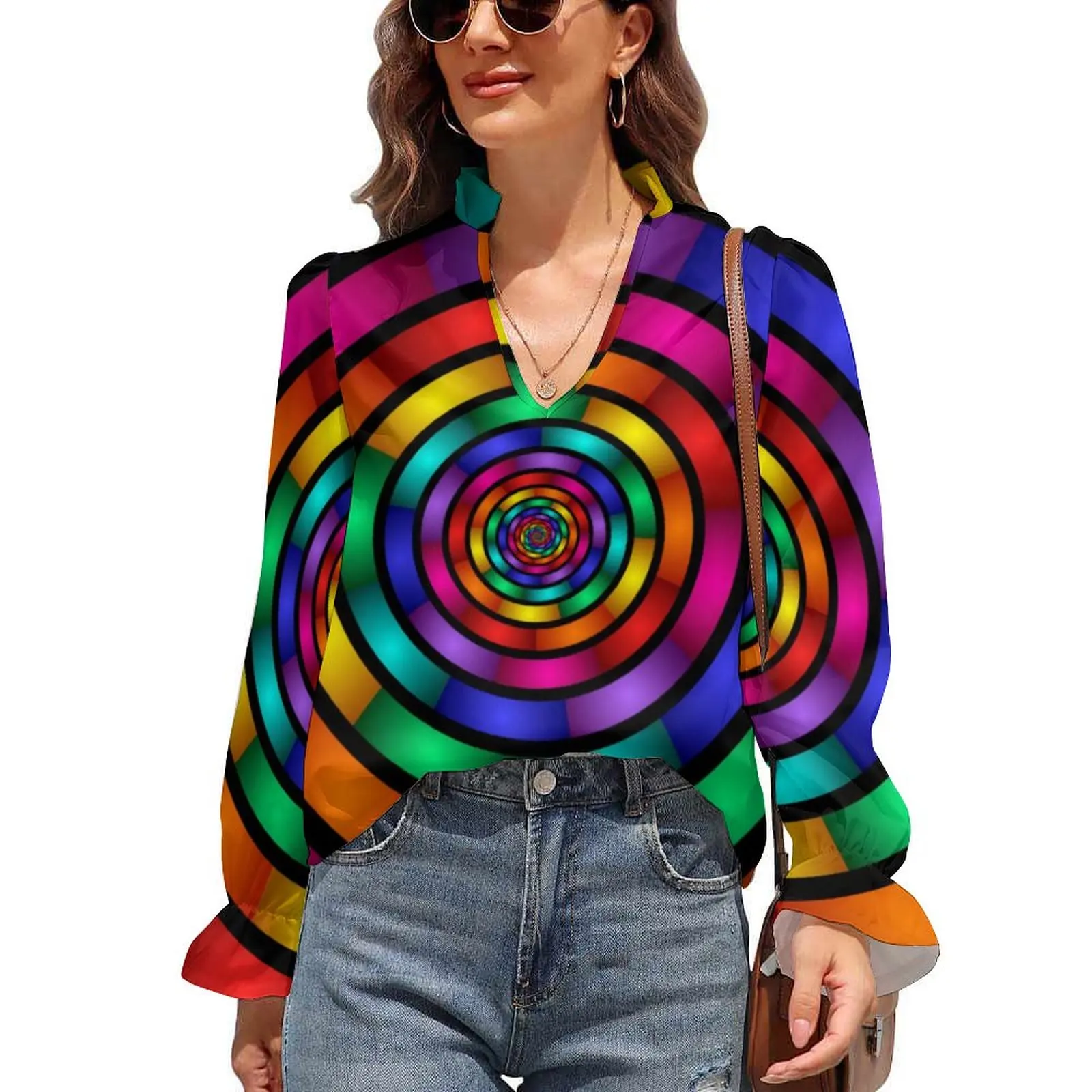 

Round And Psychedelic Chiffon Blouse Ruffled Long Sleeve Modern Fractal Art Office Work Blouses V Neck Casual Shirts Graphic Top