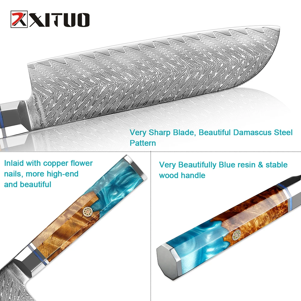 7-дюймовый дамасский нож Сантоку острый кухонный шеф-повара японский из