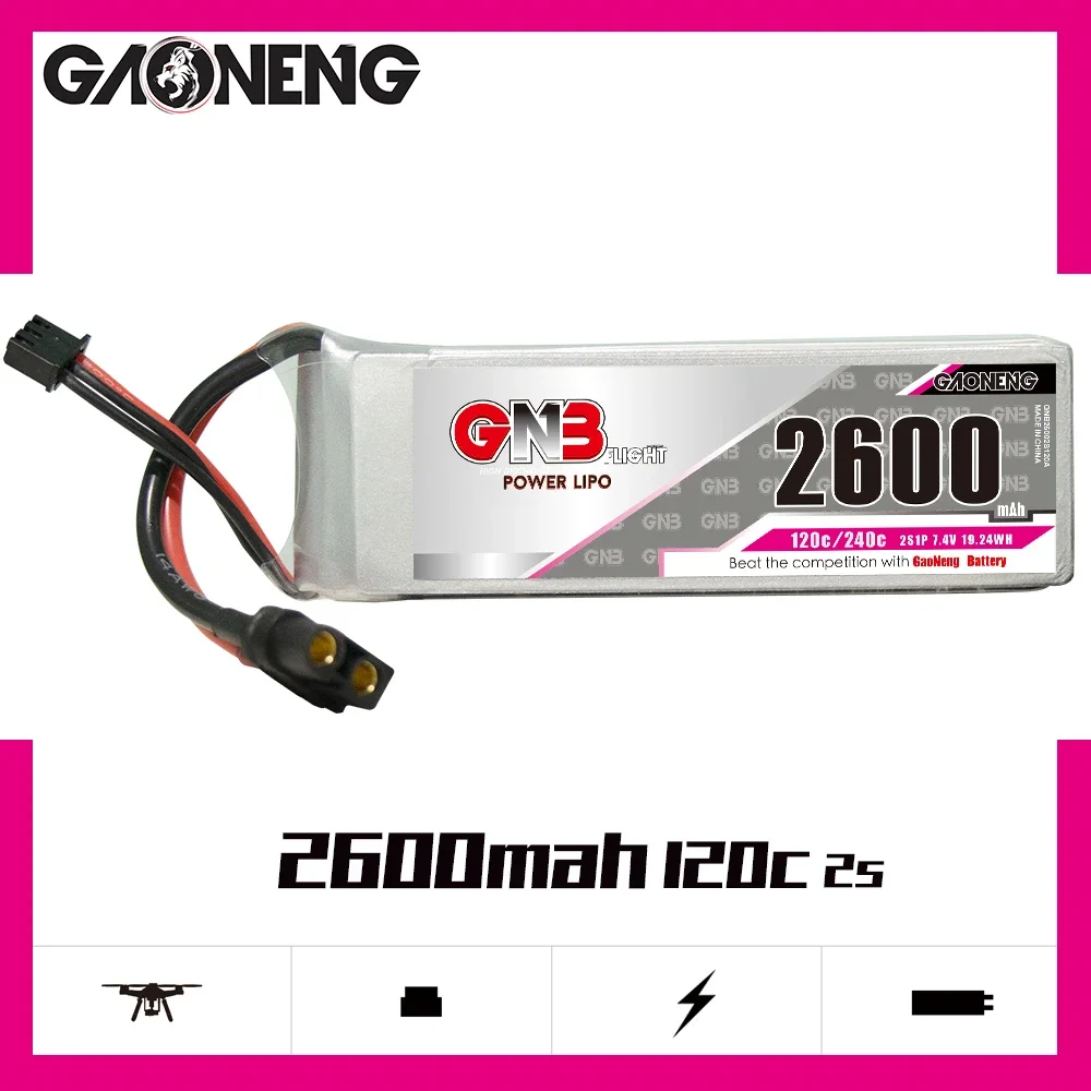 

GAONENG GNB 2S 2600mAh 7.4V 120C/240C Lipo Battery With XT60 Plug For RC Helicopter Airplane FPV Racing Drone Parts