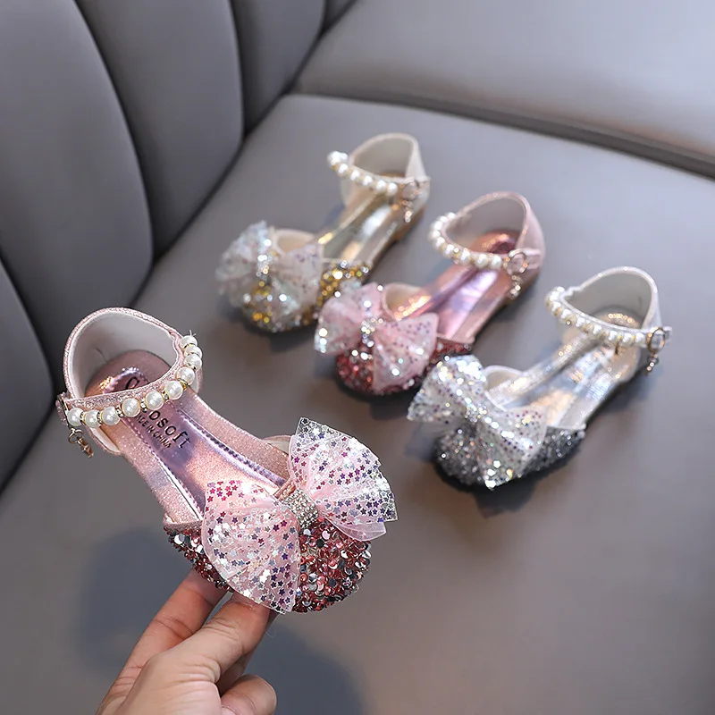 

Summer Children's Cute Bow Sandals Girls Crystal Princess Shoes For Wedding Kids Sequin Soft Bottom Beach Sandals Size 21-36