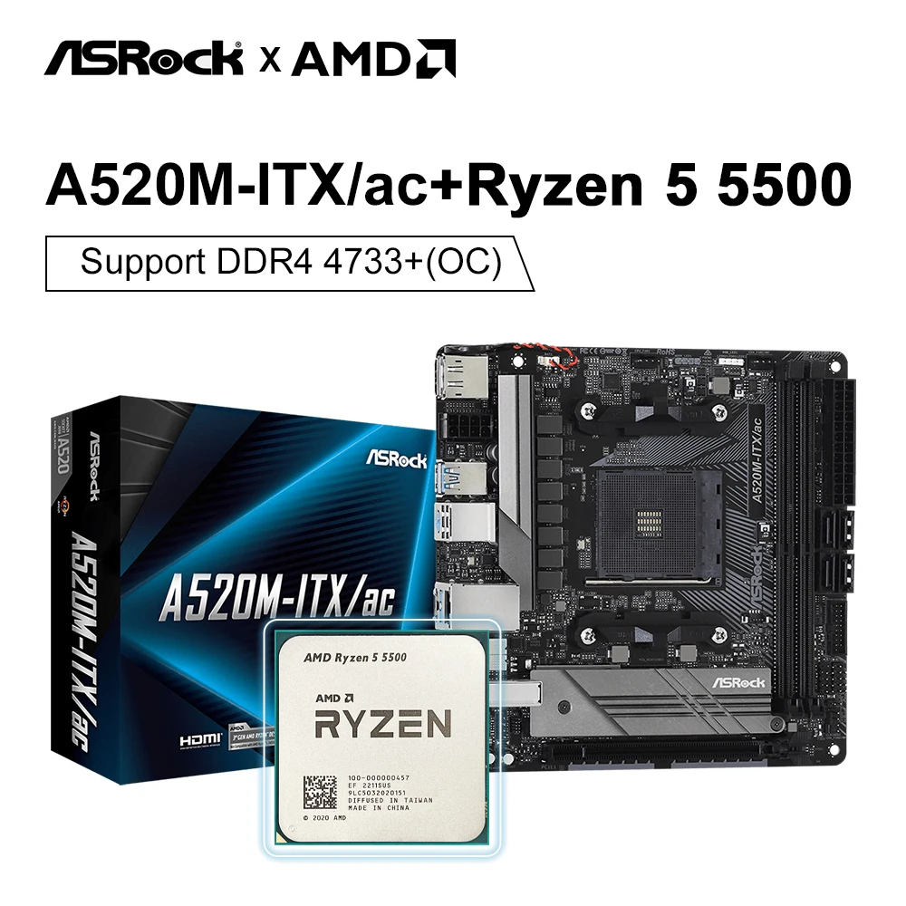 

New AMD kit Ryzen 5 5500 R5 5500 CPU + ASROCK A520M-ITX/ac ITX Mainboard Wifi 64GB DDR4 AM4 Motherboards Kit placa mãe Kit Ryzen