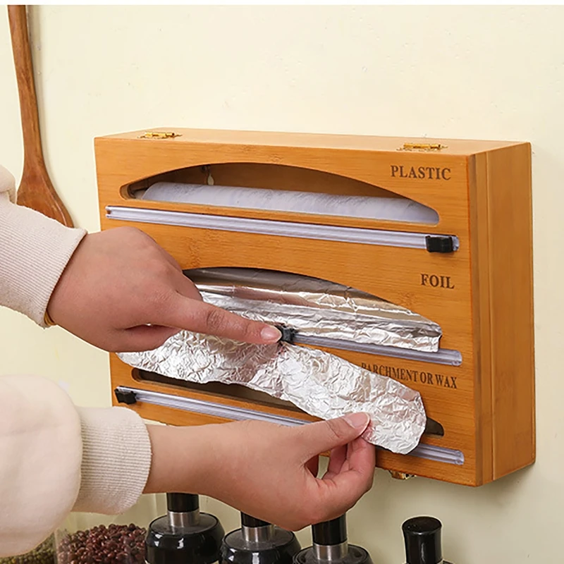 Цена Диспенсер для обертки, резак, органайзер из пластика и фольги, ящик для пищевой липкой пленки, Алюминиевый слайд, бамбуковый многоразовый Гл...