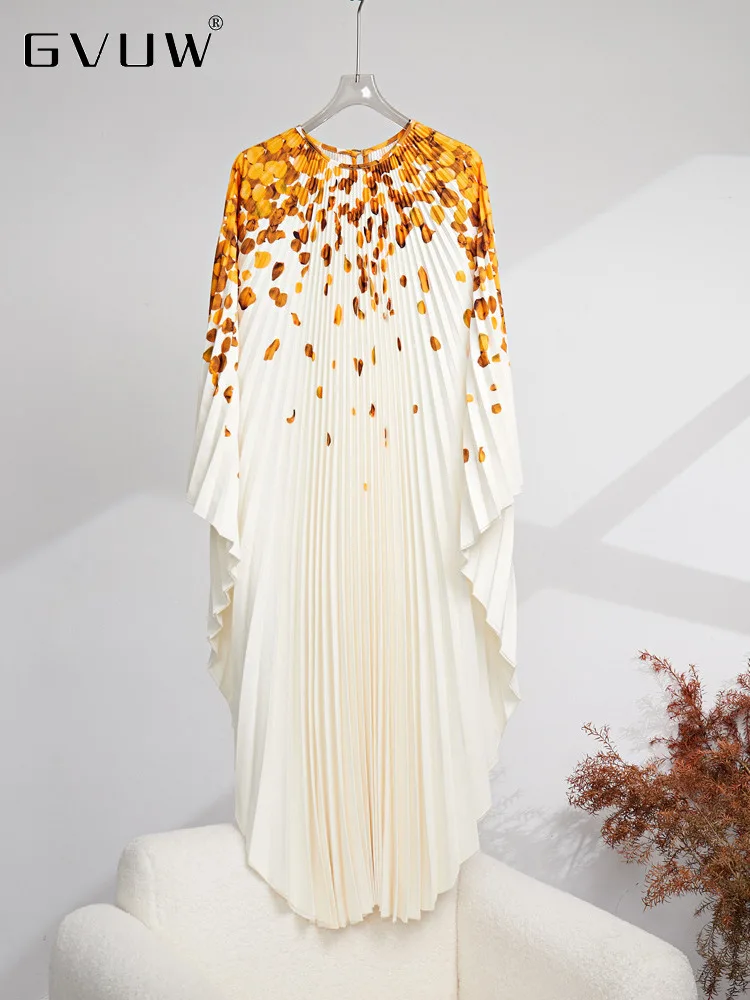 

GVUW Pleated Swing Dress For Women Round Collar Loose Full Sleeve Loose Fit Irregular 2023 Summer Female Fashion Clothes 17J1297