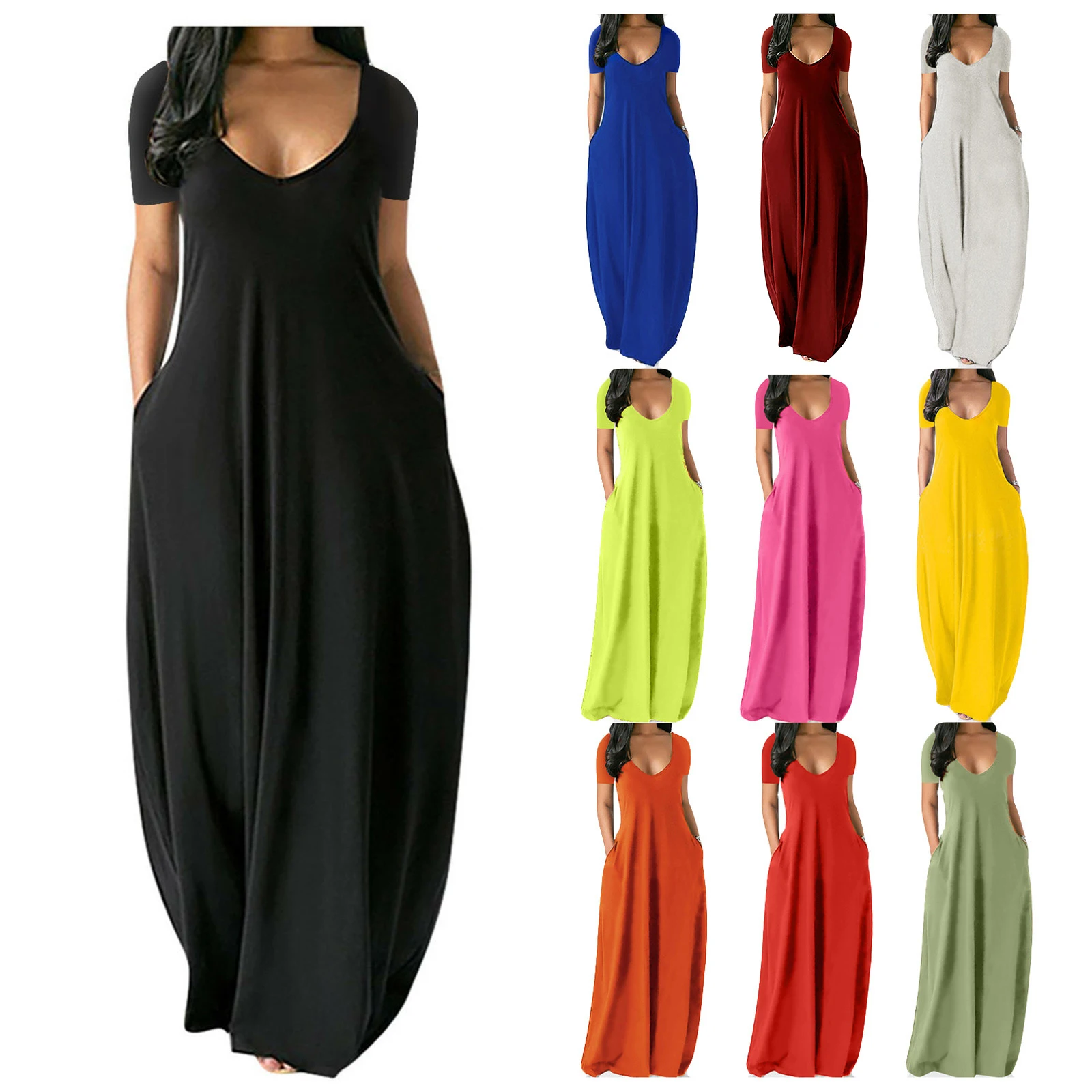 

Summer 2022 Women's Sexy Deep V Short Sleeve Full Skirt Pocket Dress In Solid Color