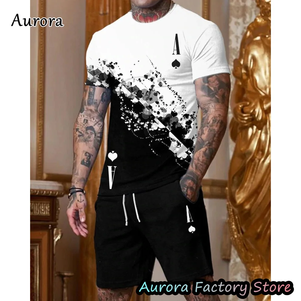 

New Men's T-Shirt Shorts Set Summer 3D Printed Poker A Tracksuit Casual Outfit Suit Male Fashion Clothing Oversized Streetwear