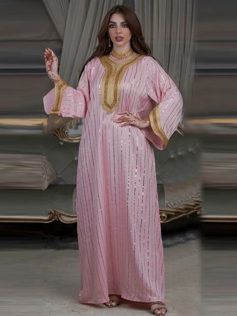 Golden Trim Abaya Arabian Evening Dress Women Gold Stamping Moroccan Muslim Party Kaftan Dubai Gulf Jalabiya Eid Ramadan Gowns