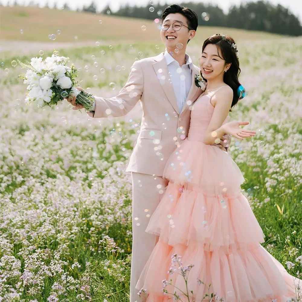 

Xijun Baby Pink Tiered Ruffles Tulle Evening Dresses Korea Women Spaghetti Strap Sleeveless Pleat Ruched A Line Princess Gowns