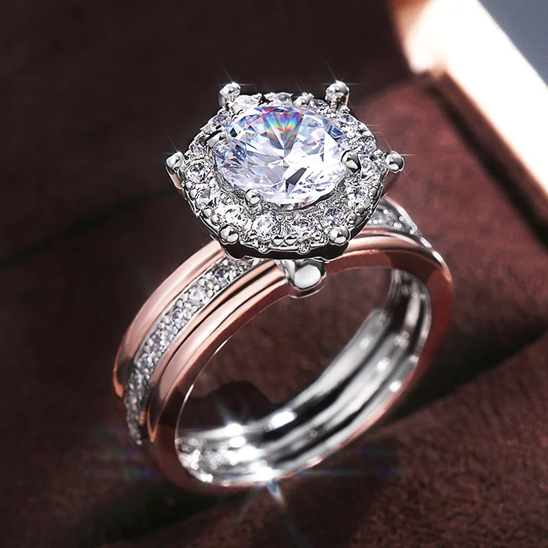 

Romantic Two Tone Design Women Wedding Rings Big Round Zirconia Crystal Proposal Engage Ring Fashion Jewelry Dropshipping