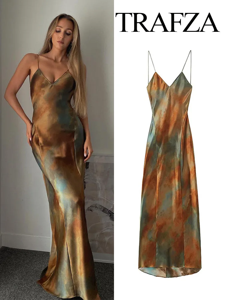 

TRAFZA Summer New Fashion Female Elegant Scenery V-Neck Backless Sexy Camisole Dresses Women Chic Slim Sleeveless Long Dresses