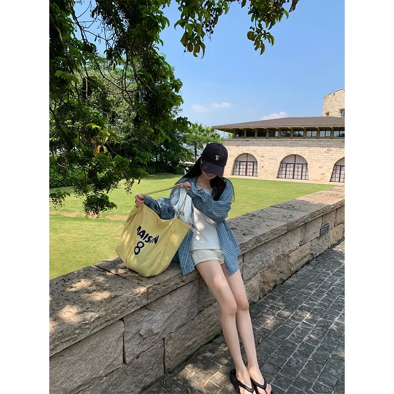 Синяя клетчатая рубашка с длинными рукавами женская летняя свободная