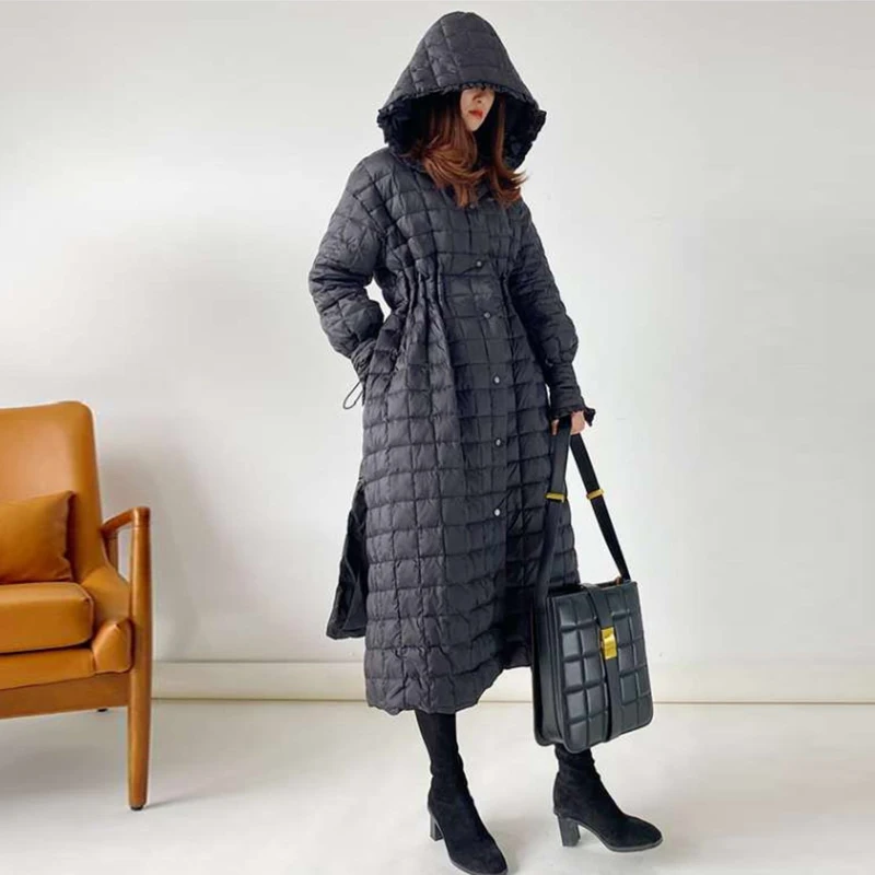 Fashion Women Long Goose down jacket 2022 Autumn winter Black Hooded Quilted puffer coat Parkas Female snow clothes INKEO 2O227
