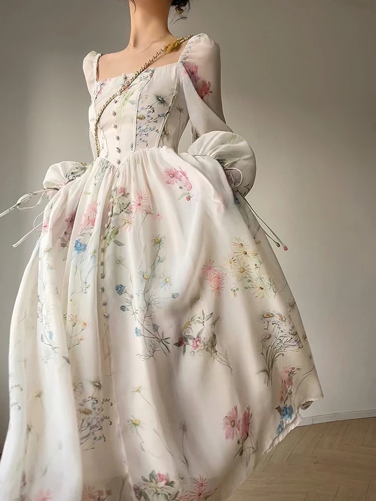 

Элегантное шифоновое платье миди с цветочным принтом во французском стиле, вечернее праздничное платье с длинным рукавом, женское пляжное ...