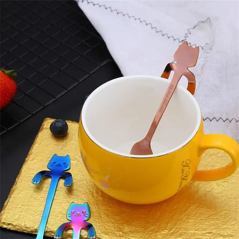 

Cat Spoon Cute Mini Cat Teaspoons Metal Coating Cat Coffee Teaspoons Stainless Steel Tableware Rainbow Flatware Adorable Dessert