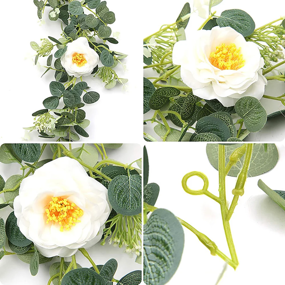 2M Artificial Flowers Garland With White Roses Greenery Plants Hanging For Wedding Room Wall Home Party Garden Craft Arch Decor images - 6