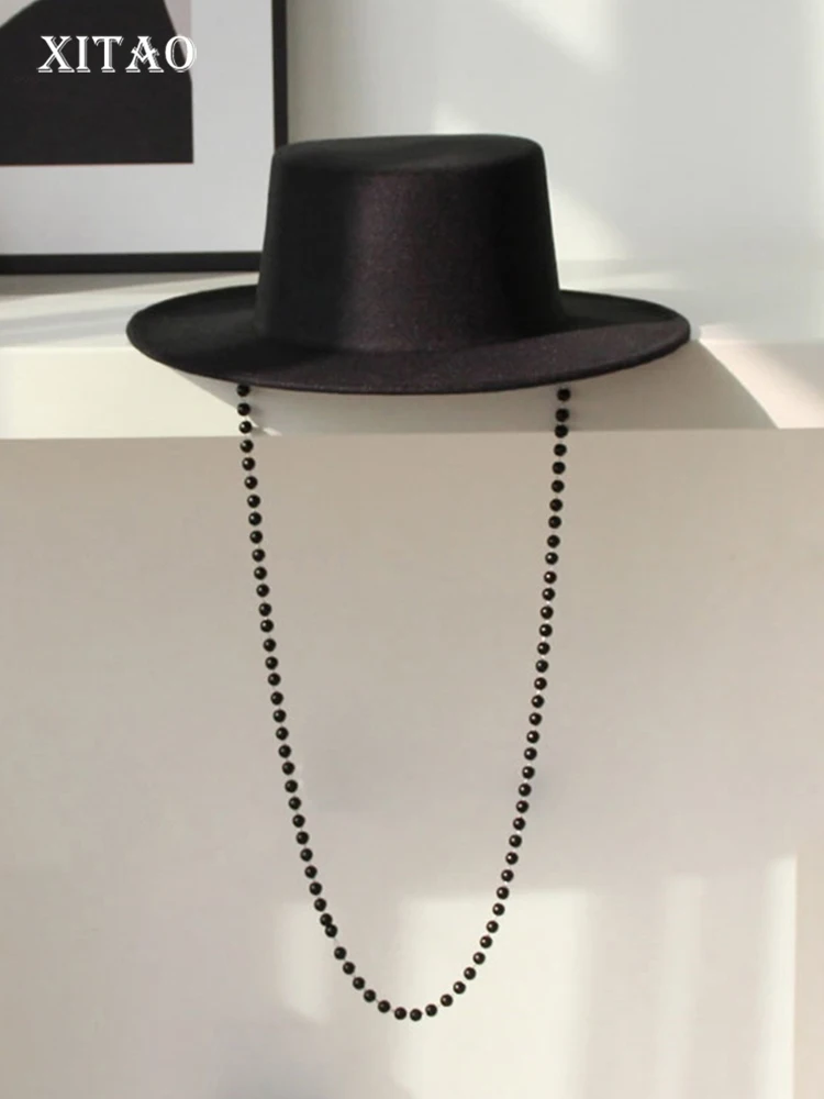 

XITAO French Flat Top Fedoras Temperament Beaded Chain Splicing Simplicity Women Hats 2022 Solid Color New All-match GWJ3190