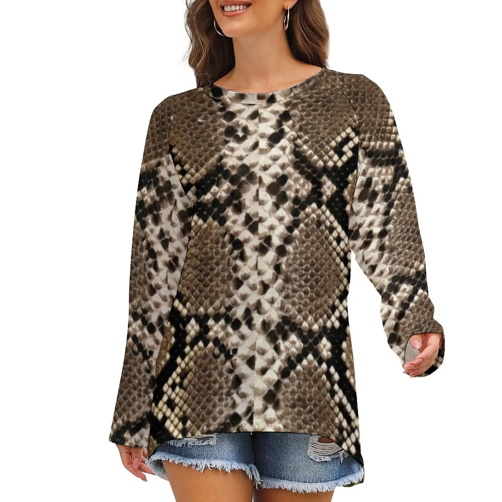 

Black Snakeskin T-Shirts Snake Scale Print Street Fashion Long Sleeve T Shirt Cute Print Tee Shirt Women Clothes Big Size 4XL