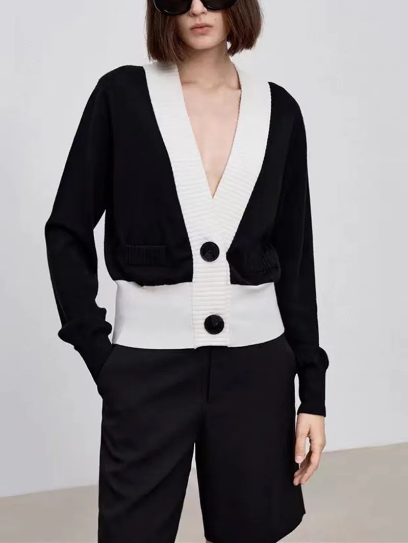 100% Wool Women's V-Neck Knit Cardigan Contrast Color Long Sleeve Double Button 2022 Fashion Ladies Versatile Slim Waist Sweater