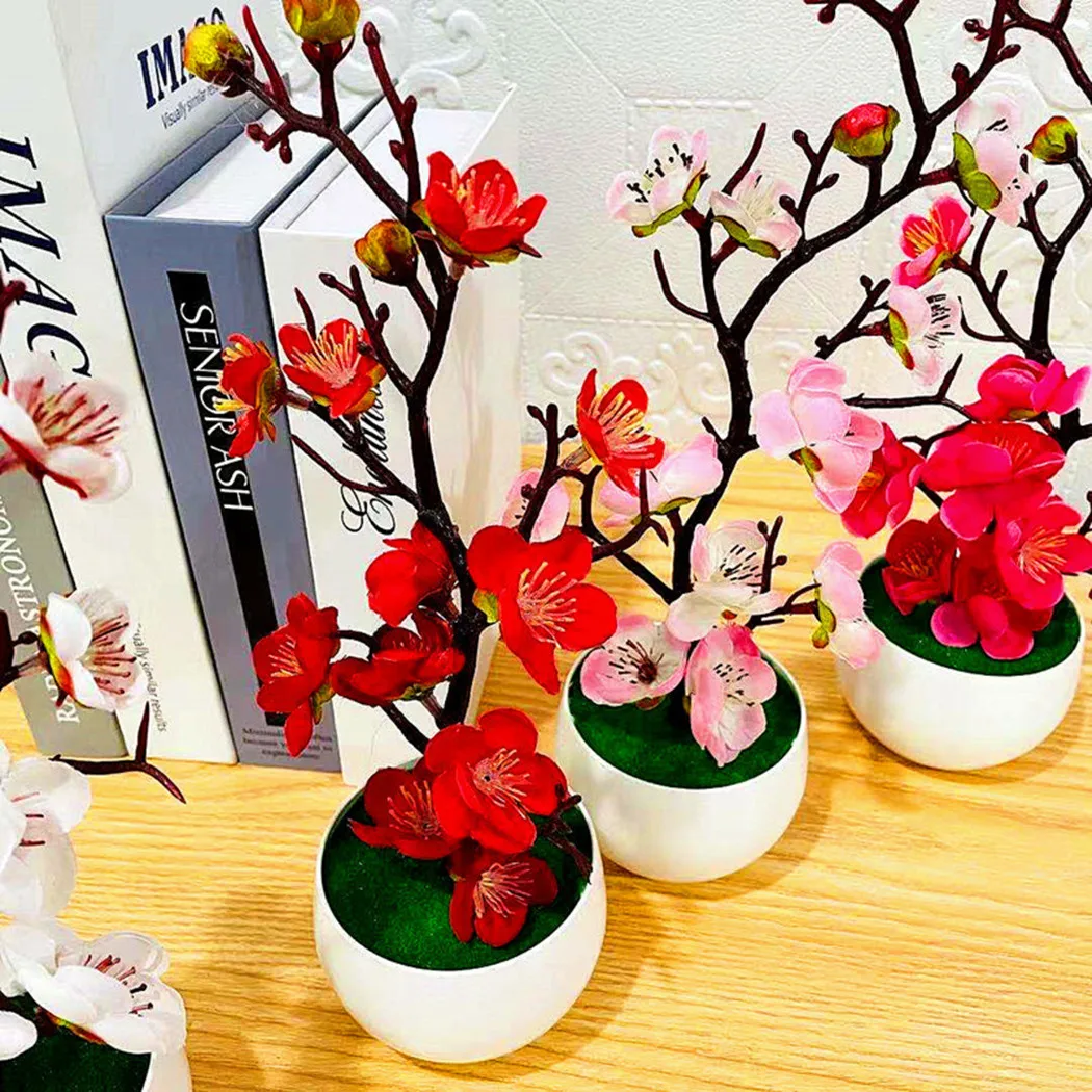 

Bonsai Silk Flowers Plum Blossoms Artificial Plant Fake Flowers Pot Flores Sakura Tree Branches Home Room Decoration